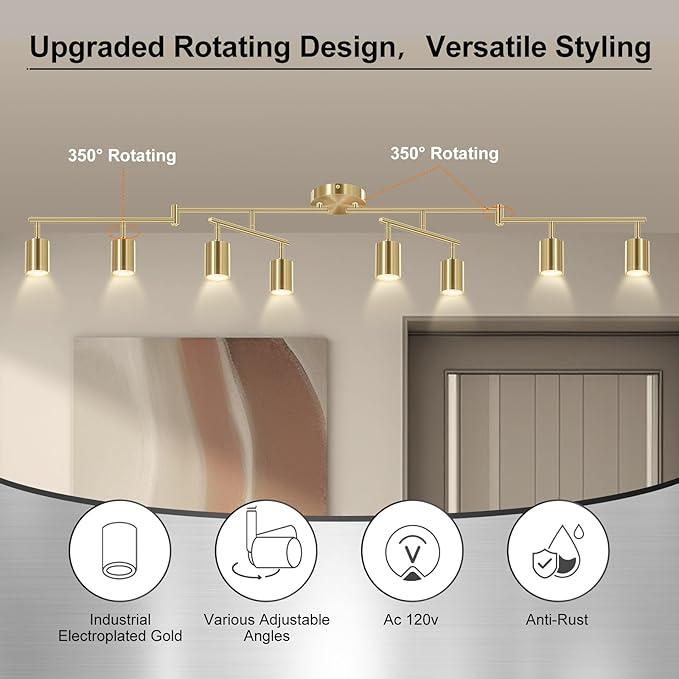Track Lighting Fixture Ceiling Gold, Modern Track Light Fixtures Kitchen, 8-Light Rotatable LED Track Lights, Semi Flush Wall Sconces Lighting for Dining Room/Hallway(GU10 Socket, Bulb Not Included)