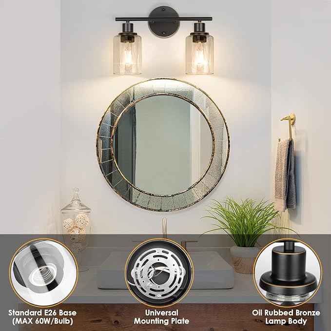 FOLKSMATE Bathroom Light Fixtures, 2-Light Oil Rubbed Bronze Vanity Light, Vintage Wall Sconces Lighting, Modern Bath Wall Mounted Lighting with Glass Shade, Porch Lamp for Mirror, Living Room