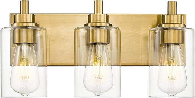 3-Light Bathroom Light Fixtures, Brushed Gold Vanity Light with Cylinder Clear Glass Shade, Modern Vanity Lighting Fixtures Over Mirror, VL143-BG-3