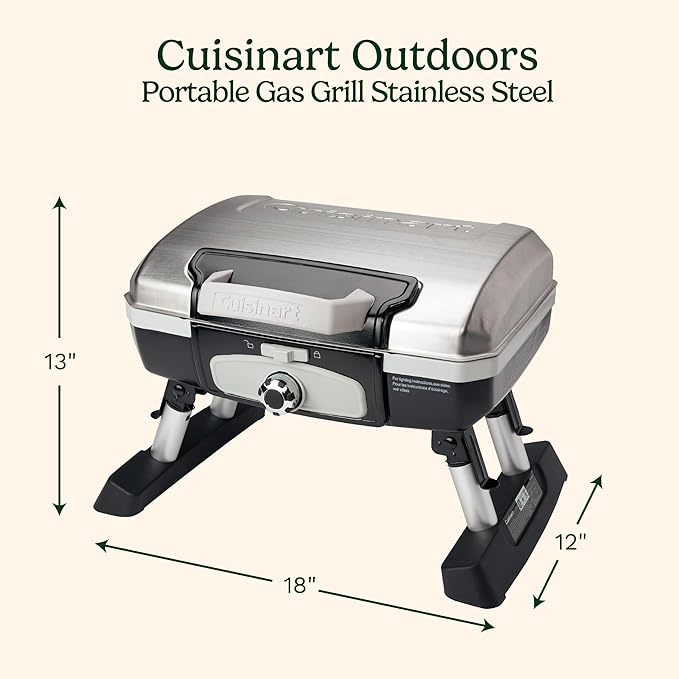 Cuisinart Petite Gourmet Portable Gas Grill, Compact Portable Grill Propane, 150 Sq. In. Cooking Surface, 5,500 BTU Burner Small Gas Grills for Camping, BBQ, Folding Legs and Carry Handles, Stainless