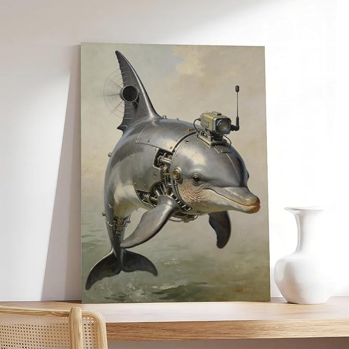 Framed Steampunk Mechanical Dolphin Wall Art - Marine Retro-Futuristic Poster for Beach House Living Room Decor 24x36inch(60x90cm)