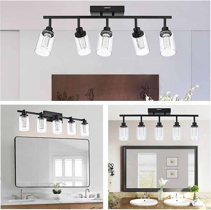 MELUCEE LED Ceiling Spotlight Kitchen Track Lighting Kits 5-Light Bathroom Vanity Light Black Wall Mounted Lamp with Flexibly Rotatable Light Heads, Built-in LED Chips, 5-Color Temperature Adjustable