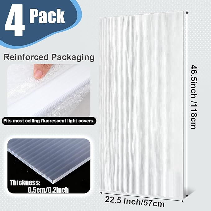 Pushglossy 4 Pack 22.5" x 46.5" x 0.2" Fluorescent Light Covers Replacement, Cuttable Polycarbonate Diffuser Panels for Drop Ceiling Light Fixture for Office Classroom Commercial Use (Clear)