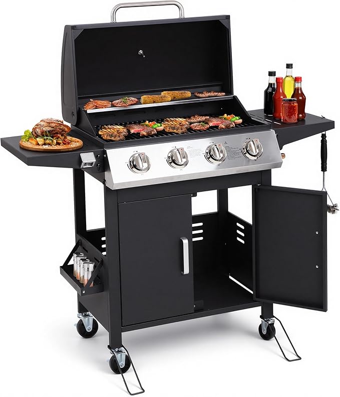 HUGROVE 4-Burner Propane Gas BBQ Grill, Upgraded 40,000 BTU Stainless Steel Barbecue Grill with Foldable Side Tables, Spice Rack & Wheels for Outdoor Cooking