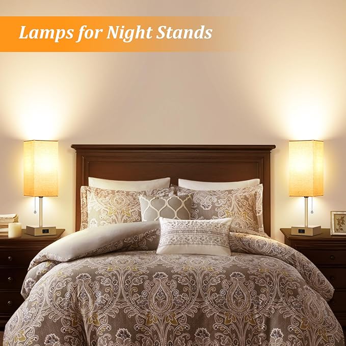 Table Lamp for Bedroom set of 2,3-Color Bedside Lamps with Pull Chain Table Lamps for Nightstand with AC Outlets,Small Night Light Lamps with 2 Bulbs Lamps for Living Room Kids Room Office Decor（Gold）