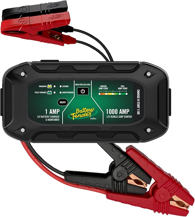 Battery Tender Charge N Start 1100 - Smart 12V/1 AMP Battery Charger and 1000 AMP Jump Starter Combo | 2-in-1 Battery Maintainer for Cars, Motorcycles, ATVs (USA Engineered)