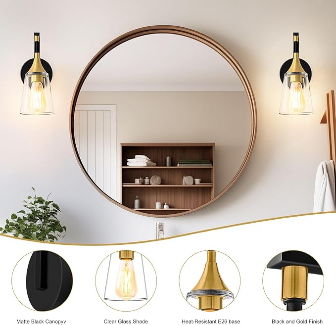 1-Light Bathroom Wall Sconce Light, Black and Gold Wall Light Fixtures with Clear Glass Shade, Modern Wall Lamp Indoor Wall Mounted Light for Hallway Bedroom Living Room Mirror