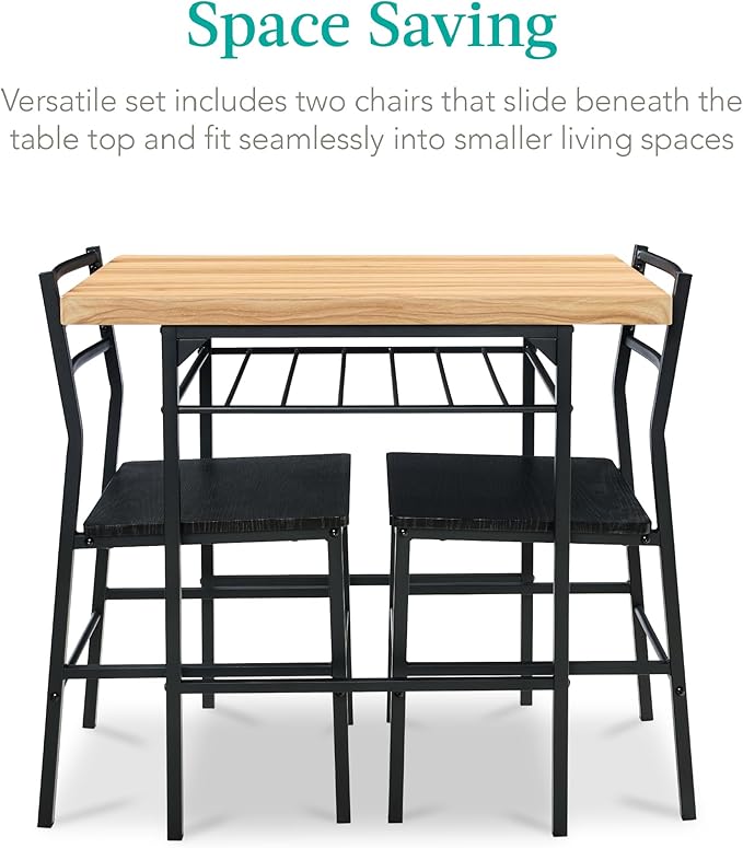 Best Choice Products 3-Piece Modern Dining Set, Space Saving Dinette for Kitchen, Dining Room, Small Space w/Steel Frame, Built-in Storage Rack - Oak/Black