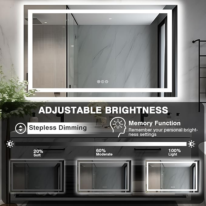 50"x32" LED Lit Bathroom Mirror, Front and Backlit LED Mirror, Anti-Fog Bathroom Mirror with Lights, 3 Colors Stepless Dimmable Mirror, Touch Sense (Horizontal/Vertical)