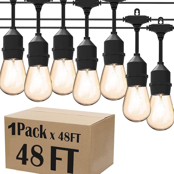 Magictec LED Shatterproof String Lights Commercial Grade with 15 Hanging Sockets 48 Ft Black Outdoor Weatherproof Cord Strand for Patio Garden Porch Backyard Bistro Gazebo Party Deck Yard