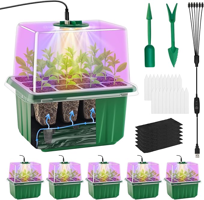 Self-Watering Seed Starter Tray with Timed Grow Light, 6 Packs Plant Starter Tray Seedling Starter Kit with Humidity Domes Base Indoor Mini Greenhouse for Gardening Seeds Growing Starting