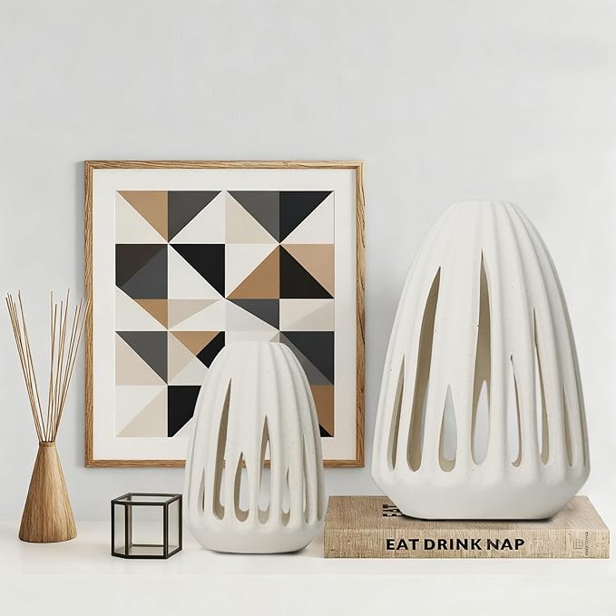 Ceramic Vase - Set of 2 for Home Decor,White Hollow-Out Design Vases Minimalist Nordic Boho Style for Modern Farmhouse Decor, Living Room、 Kitchen、Mantle、Bedroom、Dining Table、Office