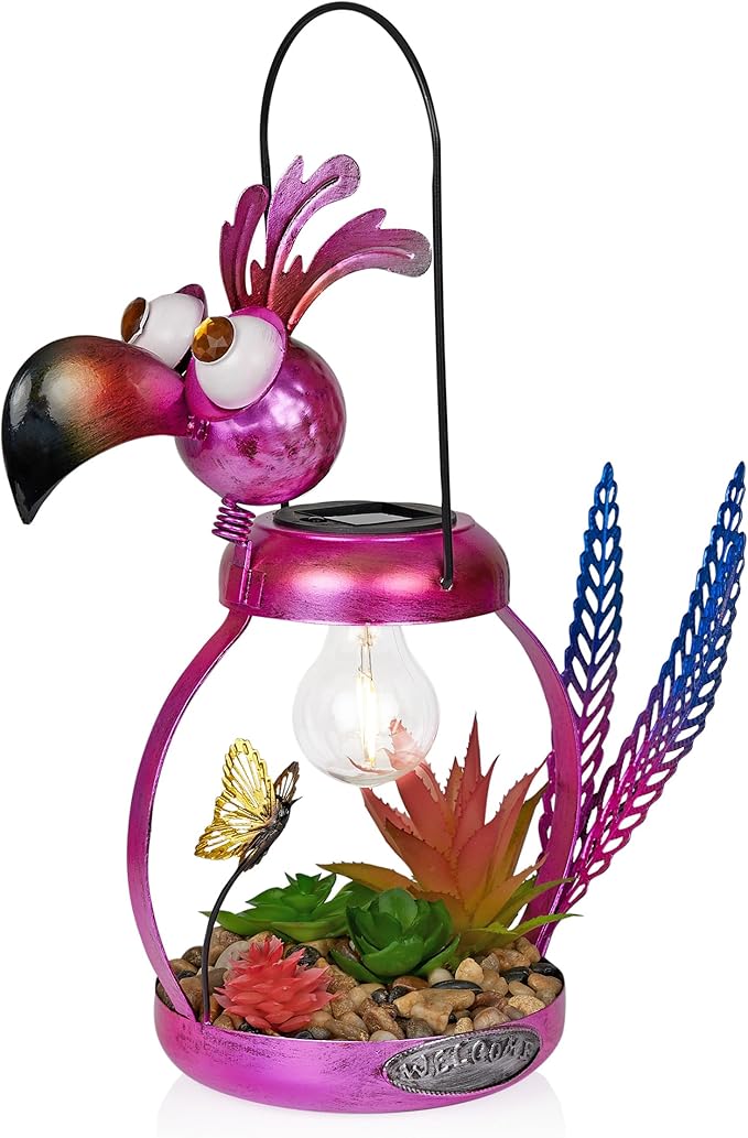 Alpine Corporation LYT288SLR-HH Solar-Powered Metal Flamingo w/Garden Enclosed LED Light, Solar Patio Décor, 16''H, Pink