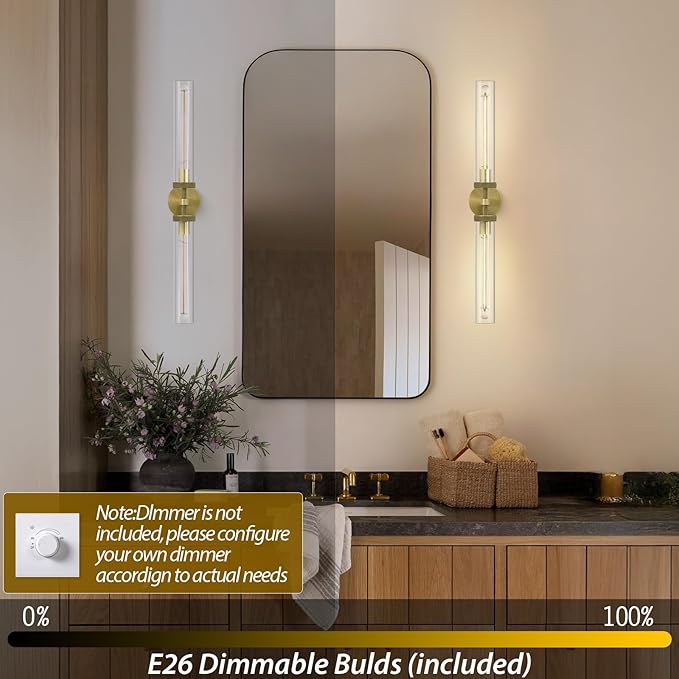 Brass Gold 2-Light Knurled Wall Sconces, 30in Double Glass Sconces Wall Lighting, Bathroom Vanity Light Sconces, Wall Lights for Living Room Bedroom Hallway Kitchen Bathroom Mirror