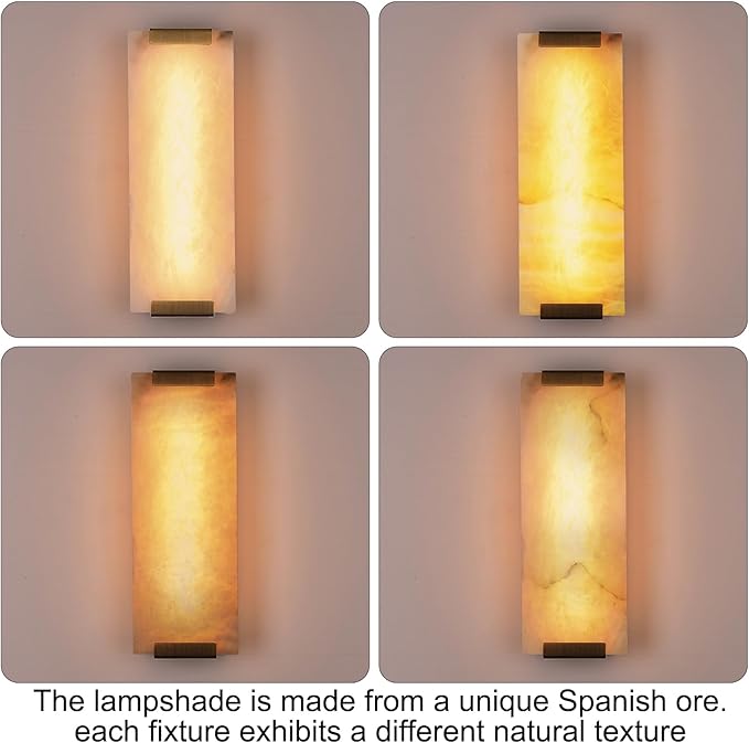 14.2in Alabaster Wall Sconce, Large Natural Marble Wall Light Decor, LED Modern Wall Lamp for Bedroom, Stairs, Living Room, Vanity, Bedside, Hallway （Brushed Bronze 12W）