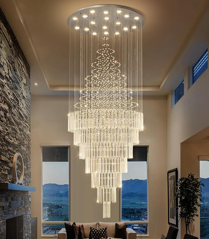 W40 x H120 Glam Chandelier with LED Bulbs Crystal Raindrop High Ceiling Pendant Light for Entrance Large Villa Chandelier Foyer Lighting Fixtures Silver