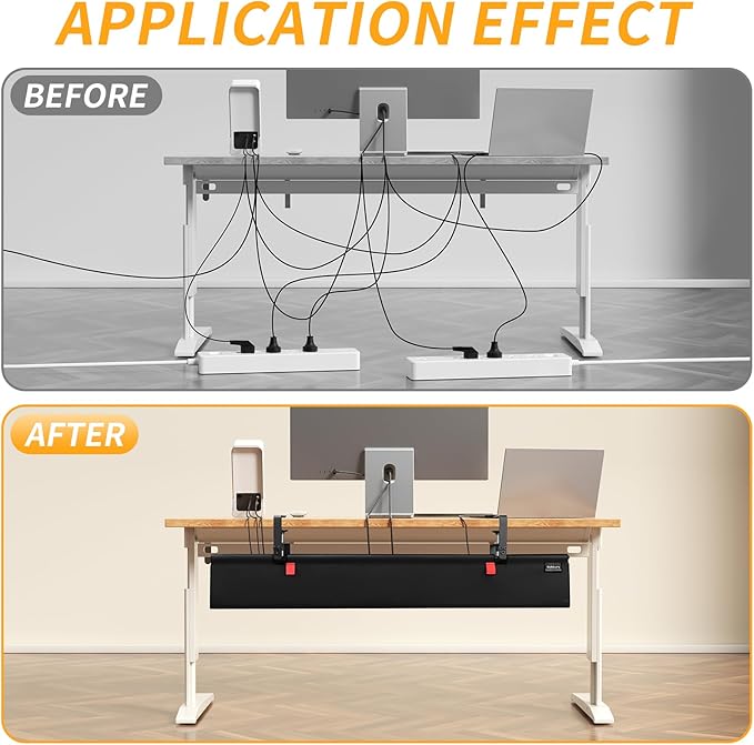 Under Desk Cable Management Tray with Clamp, No Drill 36" Cord Organizer for Desk, Desk Cable Management Fabric Tray for Standing Desks, Ideal for Home & Office - Black