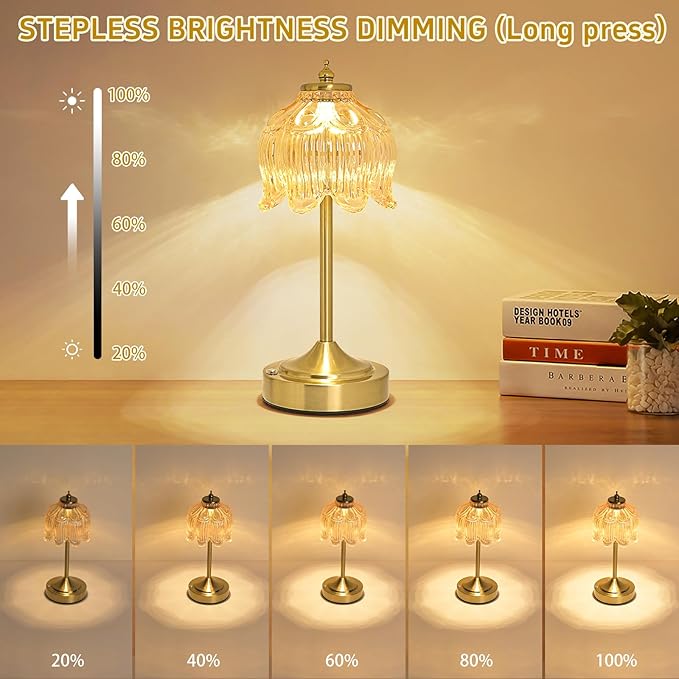 Cordless Lotus Flower Table Lamp, 5200mAh Rechargeable Battery Operated Portable Lamp, 3-Color Dimmable Touch Control Small Desk Lamp for Bedroom, Office, Kitchen, Nightstand,Room Decor (Flower Amber)