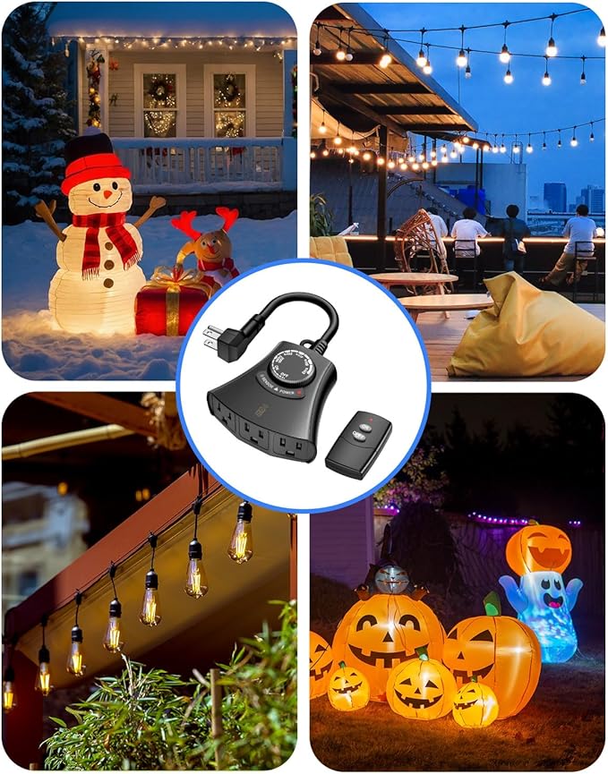 HBN Outdoor Light Timer with Remote Control, Waterproof Light Sensor Timer, 100 ft Wireless Range, 2 Grounded Outlets for Christmas Lights, 15A 1/2HP Heavy Duty