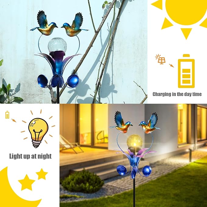 VCUTEKA Solar Lights Outdoor Metal Garden Stake Waterproof Crackle Glass Globe Garden Decor Blue Jay Bird for Pathway, Lawn, Patio, Yard