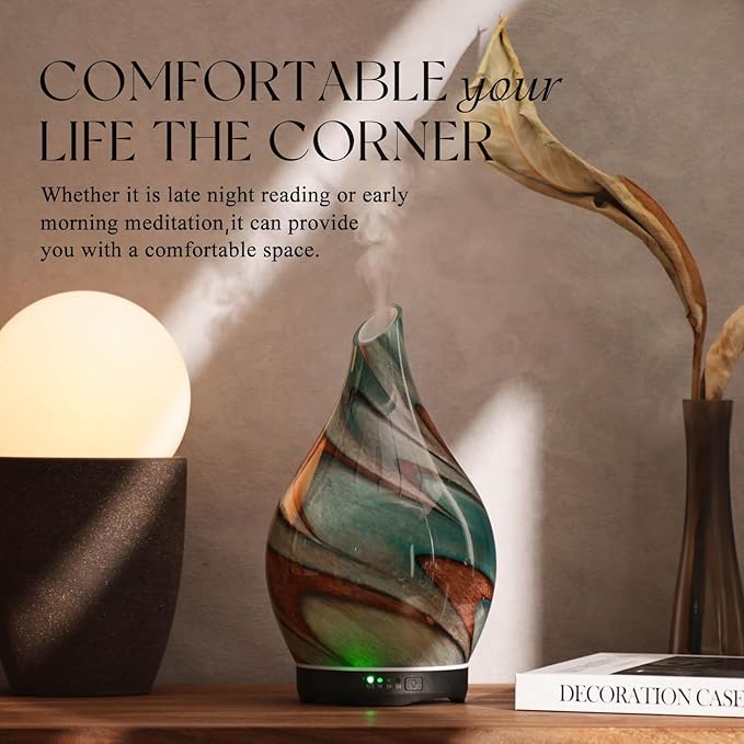Porseme 280ml Essential Oil Diffuser Glass Color Changing Aroma Air Diffusers Aromatherapy Ultrasonic Cool Mist Humidifier 7 Running Hours Waterless Auto-Off for Sleeping, Yoga, Spa (Teal Green)