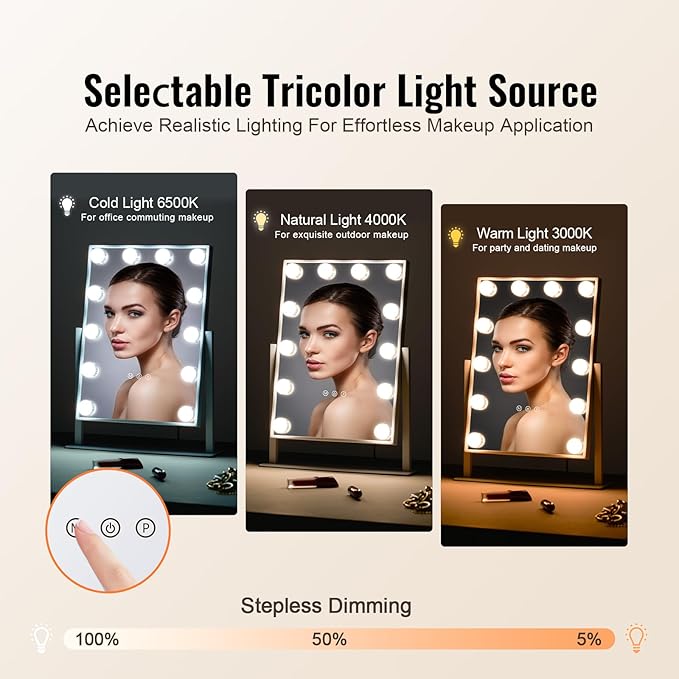 VEVOR Hollywood Vanity Mirror with Lights, 12 Dimmable Bulbs & 3 Color Lighting Modes, Makeup Mirror with Detachable 5X Magnification, Smart Touch Control, 360 Degree Rotation(16.1x11.8 in, White)