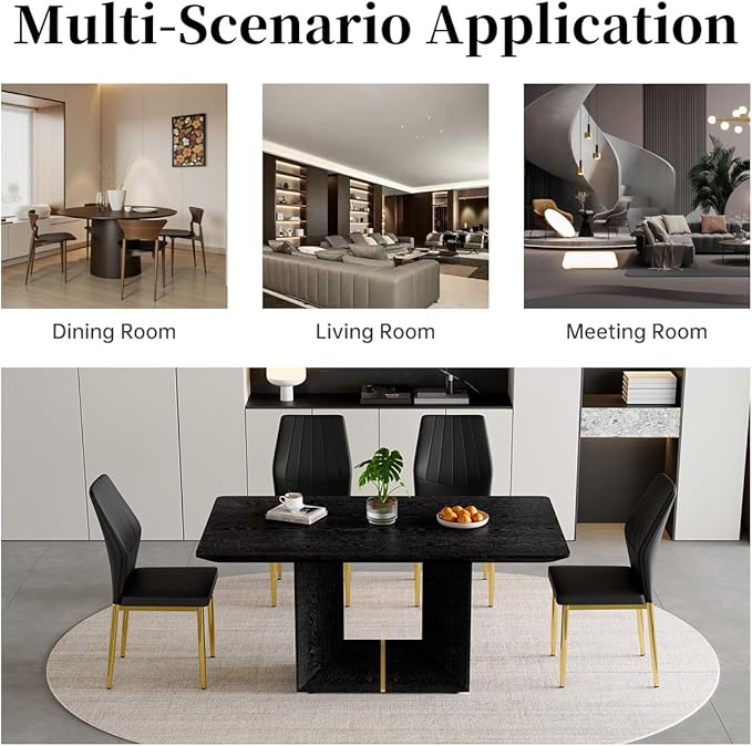 63" Modern Black Dining Table Set for 4 with Chairs, 5 Piece Rectangular Dining Room Table and 4 PU Leather Chairs, Kitchen Dining Set with Matte Wood Finish, Geometric Base, Easy Assembly
