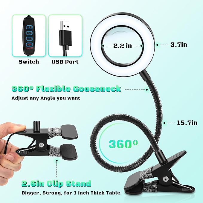 10X Magnifying Glass with Light, Clip on Mganifier with Light, 48 LED Desk Magnifying Glass wtih Clamp, 3 Modes Dimmable Magnifying LED Lamps for Bed Work Crafts DIY Repair