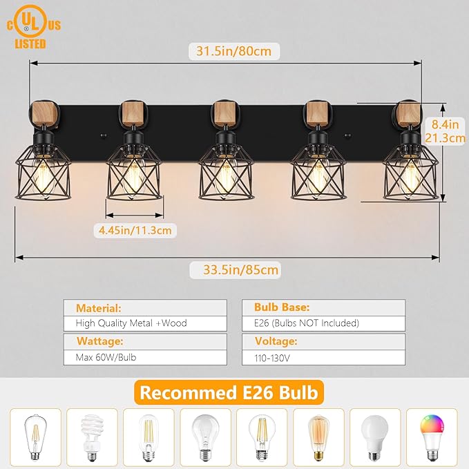 FadimiKoo 5-Light Wooden Black Bathroom Light Fixtures, Rustic Style Vanity Wall Sconces Lighting with Metal Cage, Farmhouse Bathroom Lights Wall Mount for Bedroom, Living Room, Entrance