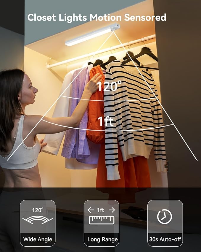 6-Pack Under Cabinet Lighting with Charging Station 12 in Rechargeable Motion Sensor Light Indoor, 3 Color Dimmable Closet Light Battery Operated, USB Stick on LED Magnetic Lights for Kitchen