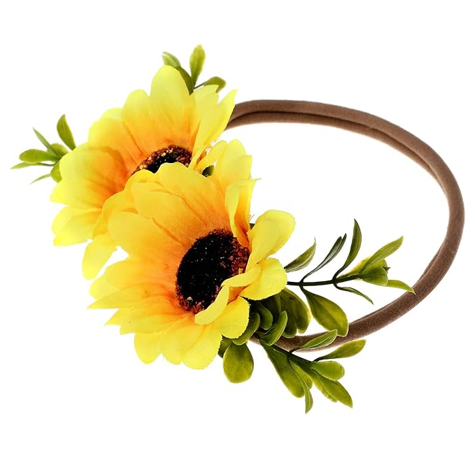 Tieback Daisy Flower Crown Elastic Sunflower Flower Headband Baby Girl Toddler Floral Crown Wreath Newborn Hair Accessories (Sunflower)