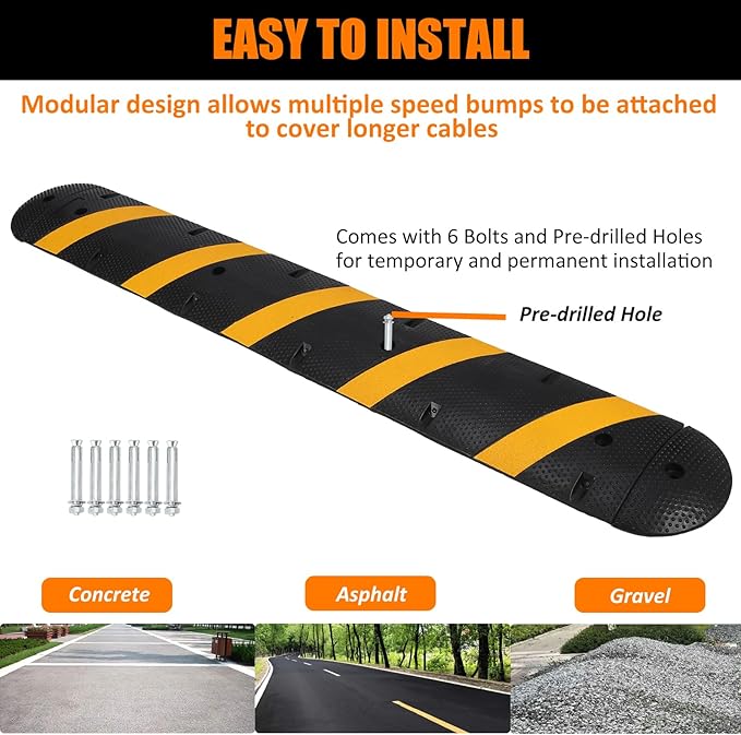 Heavy Duty Speed Bumps for Driveway, 84" Rubber Speed Bumps, 1 Pack 2 Channel Modular Traffic Speed Bump Hump Cable Protector Ramps for Asphalt Concrete Gravel Driveway Road with 2 End Caps, 6 Spikes