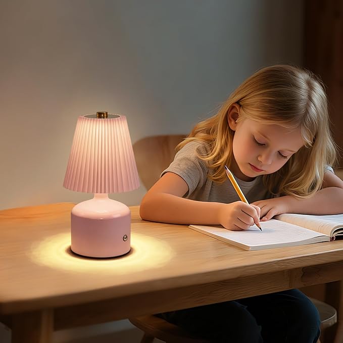 Small Cordless Table Lamp, Touch Lamps for Nightstand 3 Color Stepless Dimming, Metal Base Pleated Rechargeable Lamp for Bedside, Bedroom, Dining Room, Living Room (Pink)