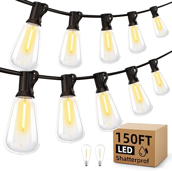 MGVIH Outdoor String Led Patio Lights - 150Ft 45M Outside Waterproof Light ST38 Shatterproof Bulb Connectable Hanging Outdoor Electric Lighting for Backyard Yard Gazebo Porch Party