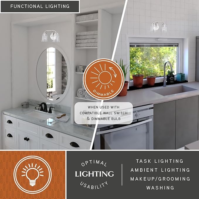 VAXCEL Toledo 2-Light 14.75 inch Wide Satin Nickel Industrial Bathroom Vanity Lighting Fixture, Clear Glass Shade, Dimmable, LED Compatible, Over The Mirror Mounted Steel Wall Sconce