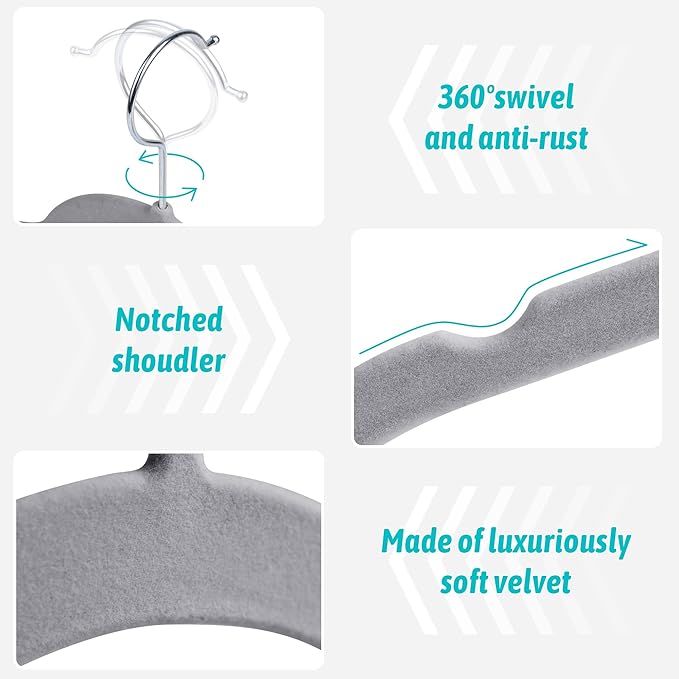 Premium Velvet Shirt Hangers 30 Pack, Space-Saving Non-Slip Felt Hanger with 360° Swivel Hook, Slim Flocked Hangers for Strappy Dresses, Blouses, Tank Tops(Grey)