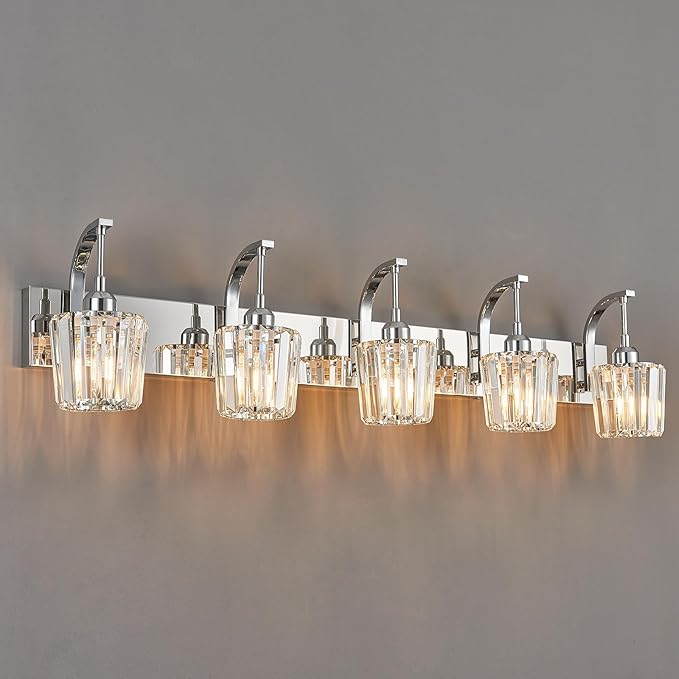 Modern Bathroom Vanity Light, 5-Light Chrome Wall Sconce with Crystal Accents, Over Mirror Bathroom Lighting Fixture, 42.52" Long Dimmable Vanity Lamp for Makeup, Easy Installation