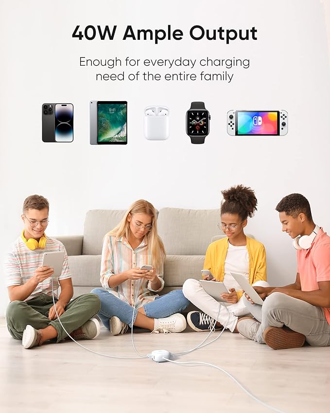 SUPERDANNY 6-Port USB Charger, 40W 8A Mini USB Charging Station, Charging Station for Multiple Devices, 4ft Cable, Compatible with iPhone, iPad, Galaxy, Pixel, for Travel, Cruise, White