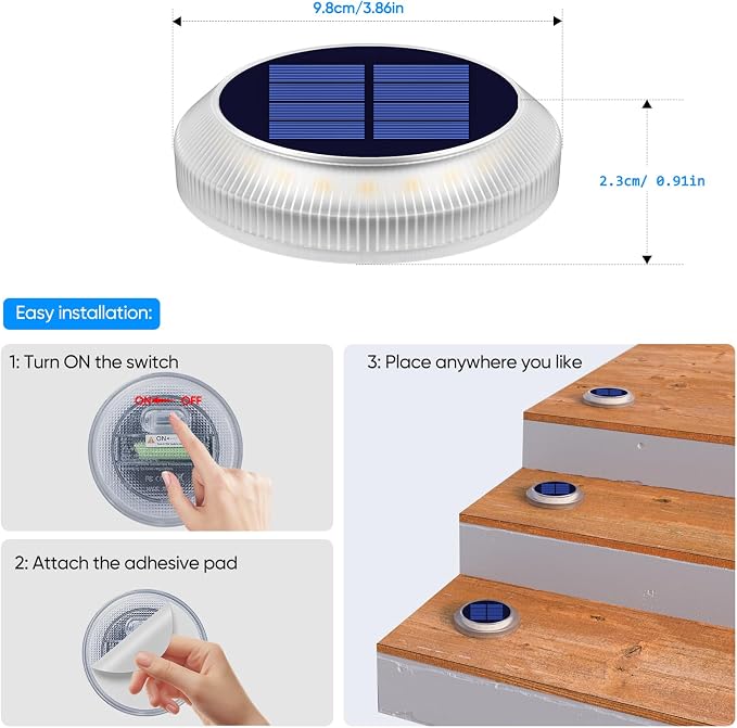Solar Driveway Deck Step Dock Lights for Outside Stick on Stair Lights Solar Powered Outdoor Waterproof Boat Marine Warning Lights for Sidewalk Pathway Garden Yard Marker Auto On/Off (6 Pack, White)