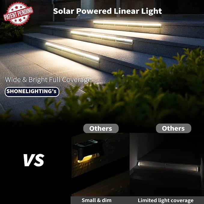 SHONELIGHTING Solar Step Lights for Outside, 33 Focused-Beam High-Brightness LEDs, Waterproof Aluminum Outdoor Stair Light for Risers, Curbsides, Poolsides, Planter Edges (Warm White, 1Pack)