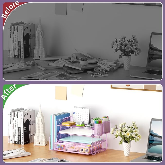 Marbrasse Desk Organizer and Accessories，4-Tier Paper Letter Tray Organizer with File Holder, Workspace Desk Organizers Accessories with Drawer and 2 Pen Holder (Purple, 15.4" x 9.1" x 8.3")