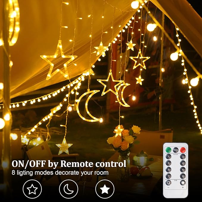Lemical Star Moon Curtain Lights 11.5ft Battery Powered Remote Control LED Fairy Light Strings,8 Flashing Modes Waterproof Decorative Lights for Christmas, Party, Bedroom Decorations(Warm White)