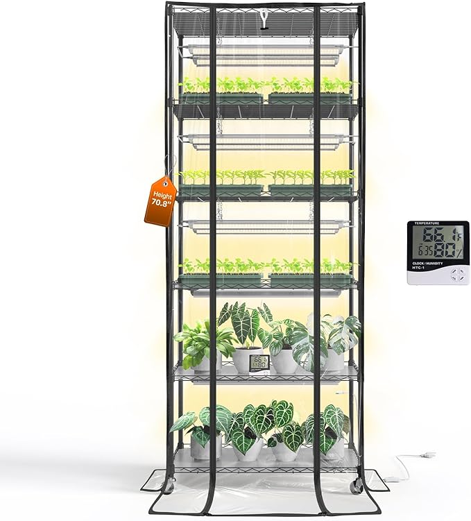 Bstrip 71" Indoor Greenhouse with Grow Light, 6-Tier DIY Plant Shelf with Adjustable Rack and Wheels, 8-Pack 192W Full Spectrum LED Plant Light for Indoor Plants, Seed Starting, (29.5" L x 13.8" W)