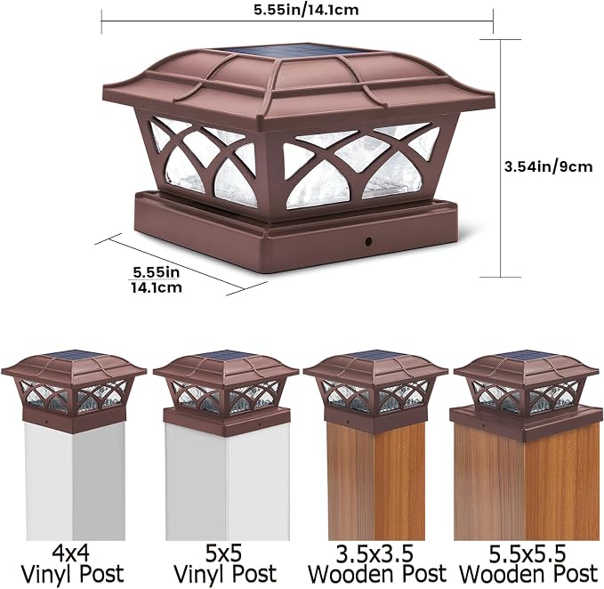 SIEDiNLAR Solar Post Cap Lights Outdoor Glass 2 Color Modes 8 LEDs for 4x4 5x5 6x6 Posts Deck Fence Patio Decoration Warm White & Cool White Lighting Brown (1 Pack)