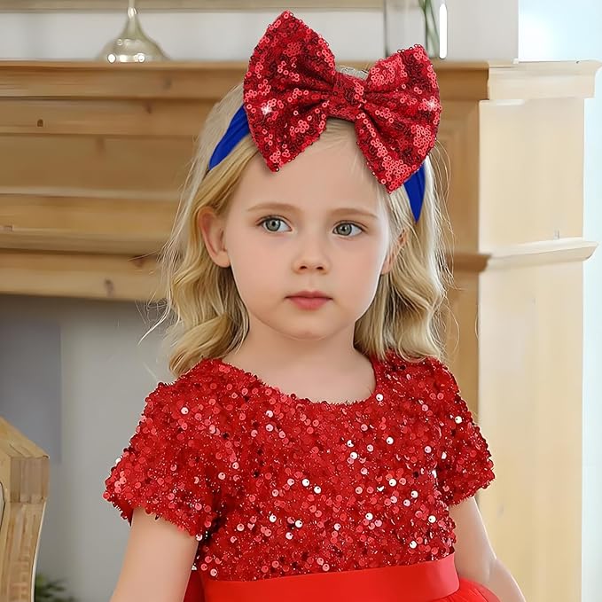 4th of July Headband Girls Sequins Large Bows Baby Headband 4th of July Accessories Glitter Hair Bows for Girls Patriotic Red Bow