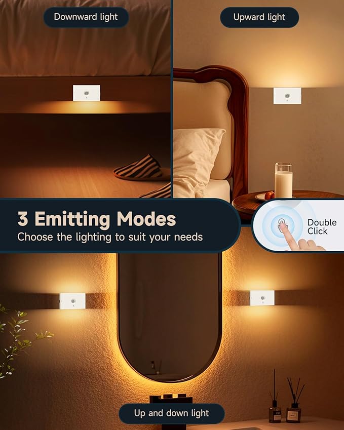 Yiliaw 3-Pack Rechargeable Motion Sensor Stair Lights White, Dimmable Night Lights with 3 Modes & 3 Color Temperatures, Magnetic, Stick-On Stair Lights Indoor for Hallway, Stairway, Bathroom, Kitchen