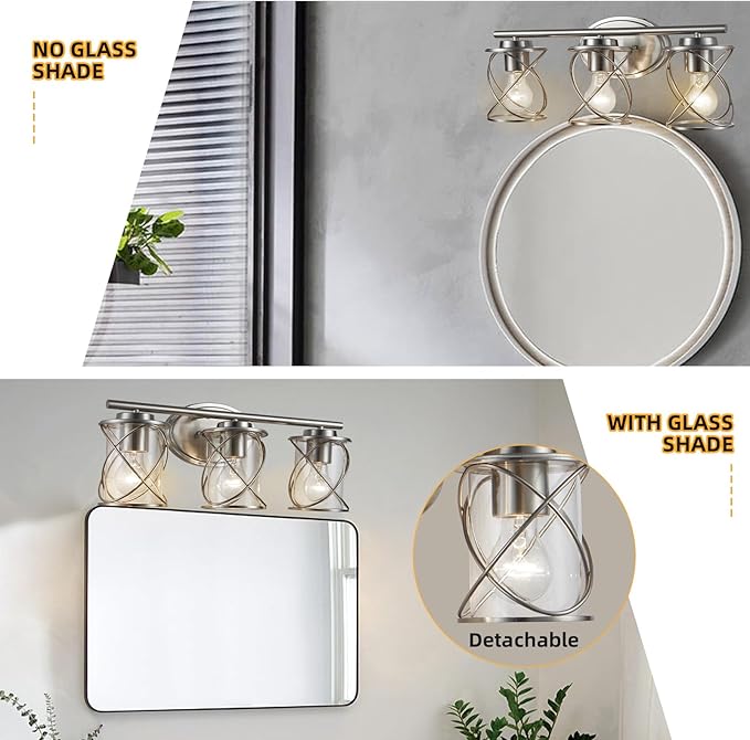 Mavcadonf Modern Vanity Lights with Cage Shade, 3 Lights Over Mirror, Brushed Nickel Bathroom Wall Lamp