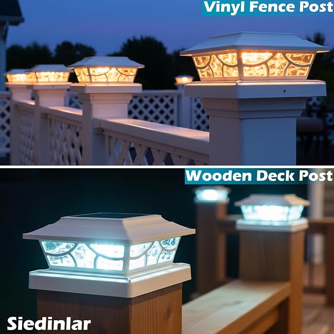 SIEDiNLAR Solar Post Lights Outdoor 4 Modes Fence Deck Post Cap Light for 4x4 5x5 6x6 Wooden Vinyl Posts Garden Patio Decor, Warm White & Cool White Dynamic Lighting White (10 Pack)
