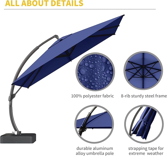 Kingdura 10x10 FT Cantilever Patio Umbrella with Base Included, Large Square Offset Outdoor Pool Umbrella, 360° Rotation & Infinite Tilt, Heavy Duty Aluminum Frame for Deck Backyard, Navy blue