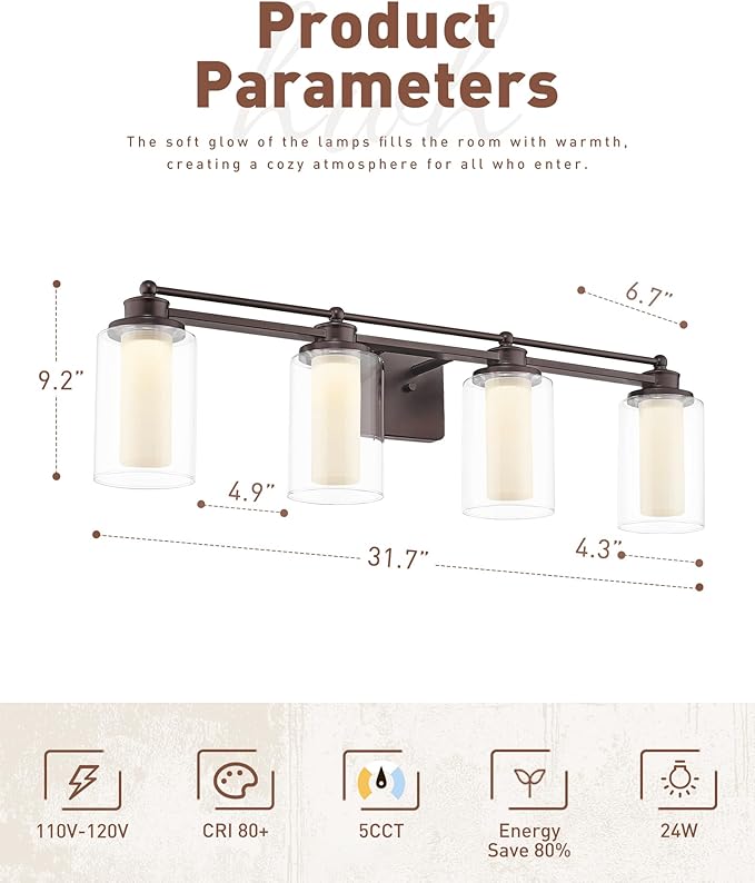 Bathroom Light Fixtures 4 Lights, HWH Oil Rubbed Bronze Bathroom Vanity Light Over Mirror with Clear Glass, 5CCT Dimmable 24W LED Vanity Lights, 5HLT63B-4W-LED ORB